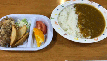 カレーライス、ポテトフライ、トマト、きゅうり、キャベツ、オレンジなどの写真